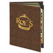 A brown Menu Solutions Water Street Wicker menu cover with Roy's Restaurant logo on it.