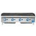A Globe stainless steel gas charbroiler with blue knobs over two burners.