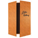 A brown Wicker gatefold menu cover with black text on the corners.