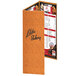 A brown wicker Menu Solutions continuous menu cover.