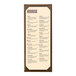 A brown wicker-framed, single-view menu cover displaying a specialty sushi menu.