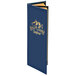 A blue menu cover with gold text on it.