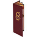 A burgundy Menu Solutions Kensington quad panel menu cover.
