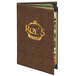 A brown Menu Solutions triple panel menu cover with white background and gold text.