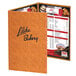 A brown Menu Solutions Water Street wicker menu cover on a table with a price list inside.