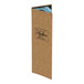 A tall, narrow, brown wicker-textured menu cover with a customizable front panel.