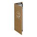 A tall, brown, textured quad panel menu cover with a customizable front, designed to hold six menu pages.