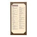 A brown wicker-framed, single-view menu cover displaying a specialty sushi menu.