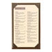 A brown wicker-framed, single-view menu cover displaying a specialty sushi menu.