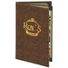 A brown Menu Solutions Water Street wicker menu cover.