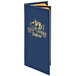 A blue Menu Solutions triple panel menu cover with gold lettering.