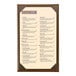 A brown wicker-framed, single-view menu cover displaying a specialty sushi menu.