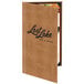 A brown Menu Solutions Kensington menu cover with black customizable text.