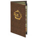 A brown Menu Solutions triple panel menu cover with gold text.