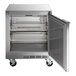 A Beverage-Air stainless steel undercounter refrigerator with an open door and shelves.