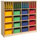 A Whitney Brothers wooden classroom storage unit with colorful bins.