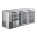 An Avantco stainless steel back bar refrigerator with glass doors.