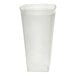 A clear plastic cup with a curved edge.