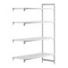 A white plastic Cambro Camshelving® add on unit with four shelves.