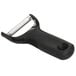 An OXO black plastic vegetable peeler with a handle.