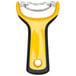 An OXO yellow and black plastic corn peeler with a stainless steel blade.