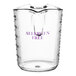 A clear plastic measuring cup with purple text.