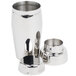 A close-up of a Vollrath stainless steel cobbler cocktail shaker with a lid.