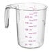 A clear plastic measuring cup with a purple handle and measurements in purple.