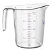 A clear plastic Choice measuring cup with a purple handle and measuring lines.