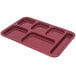 A dark cranberry Carlisle melamine tray with six compartments.
