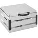 A silver rectangular stainless steel chafer with black handles.