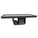 A black rectangular table with a metal edge and a rectangular glass top with a metal base.