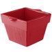 A red square Tablecraft ceramic condiment bowl with a lid.