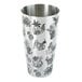 A silver stainless steel Barfly Tiki cocktail shaker tin with black designs on it.