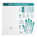 A white wire wall mount glove dispenser station with blue and white type and guide chart.