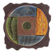 A colorful square melamine platter with a swirl design featuring a sun, moon, and waves.