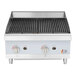 A Cooking Performance Group gas griddle and charbroiler with knobs on a white surface.