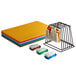 A stack of colorful plastic cutting boards in a rack.