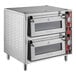 A silver rectangular Avantco double deck countertop pizza oven with two doors.