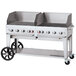 A Crown Verity stainless steel mobile outdoor grill with wheels and a lid.