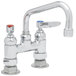 A chrome T&S deck-mounted pantry faucet with two red handles.