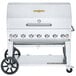 A silver Crown Verity mobile outdoor grill with wheels.