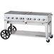 A Crown Verity liquid propane outdoor grill on a cart with wheels.