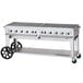 A large stainless steel Crown Verity mobile outdoor grill with wheels.