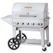 a silver barbecue grill with wheels