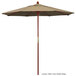 A California Umbrella with a Sunbrella tan and brown canopy and a hardwood pole.