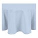 A light blue round tablecloth with a white hemmed border.