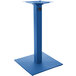 A blue metal stand with a square base and a metal pole.