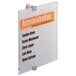 A Durable transparent acrylic sign stand with writing on a white background.