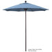 A blue California Umbrella with Sunbrella canopy on an aluminum pole.